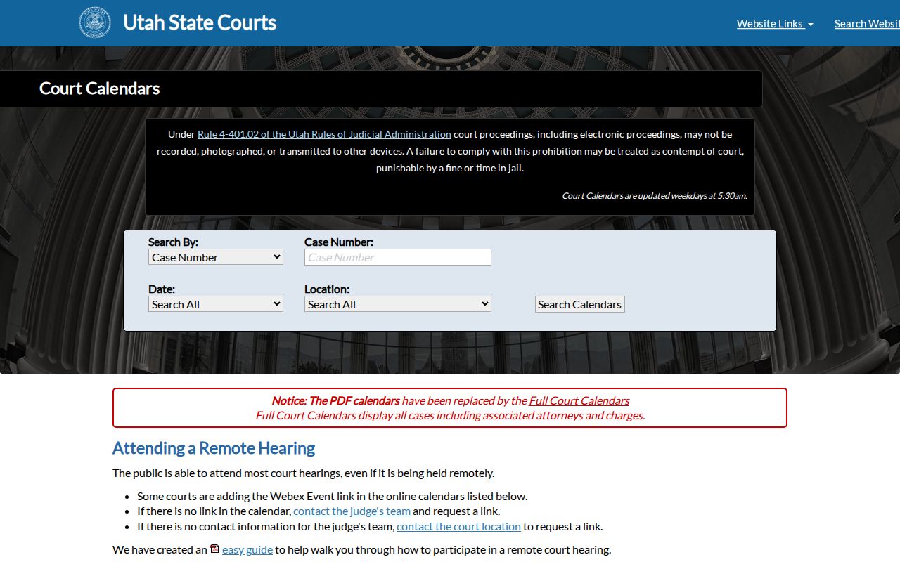 Current Utah District and Justice Court calendar for Summit County hearing dates